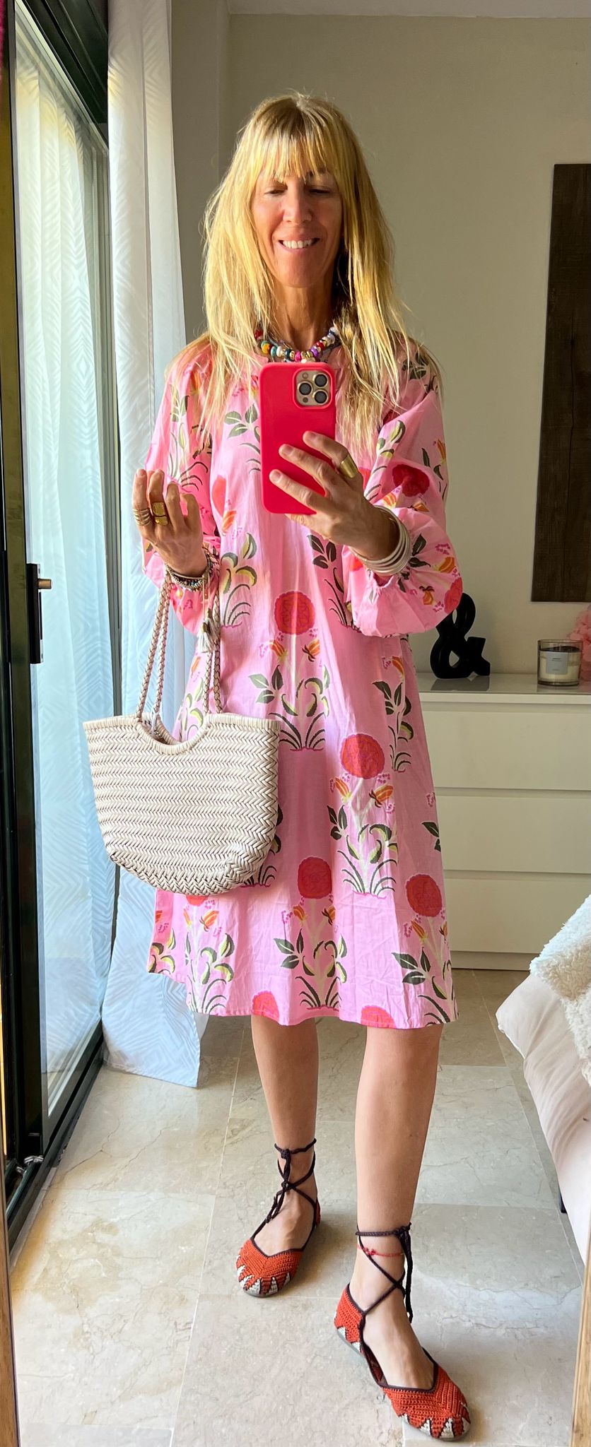 Vestido Bizancio Rosa con Flores Naranja