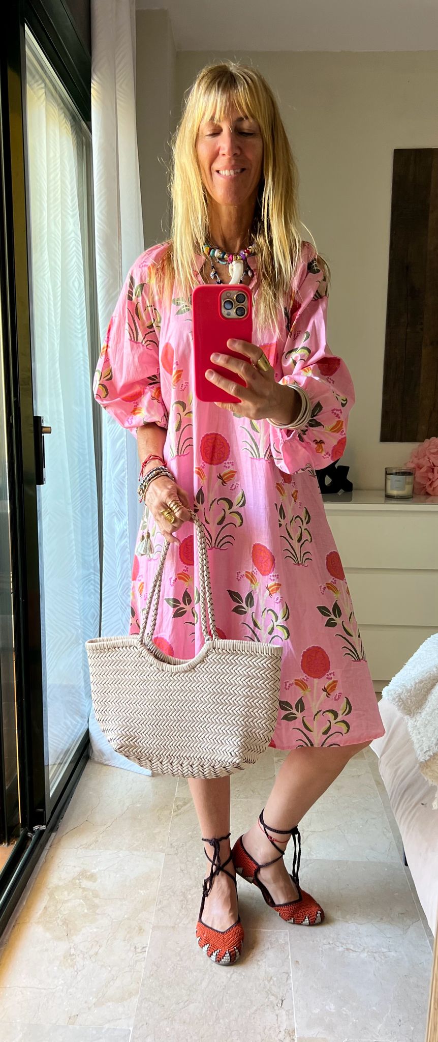 Vestido Bizancio Rosa con Flores Naranja
