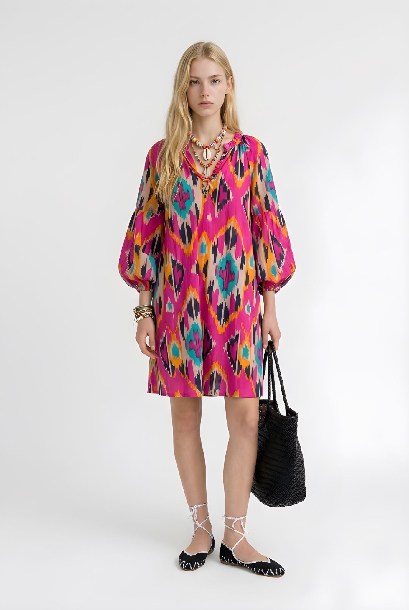 Vestido Bizancio Fucsia Multicolor Geométrico