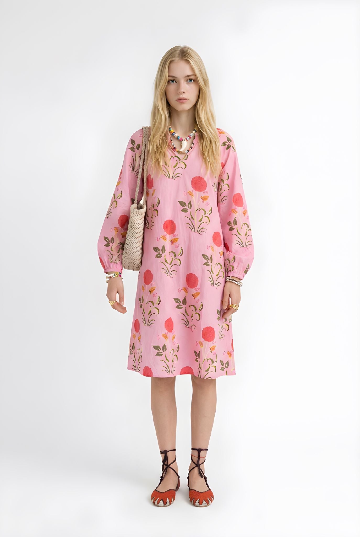Vestido Bizancio Rosa con Flores Naranja