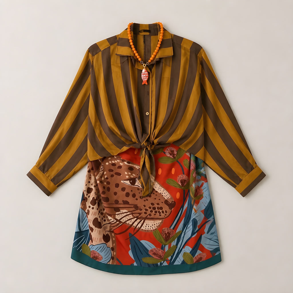 Falda Corta Tigre Marrón/celeste Borde Azul