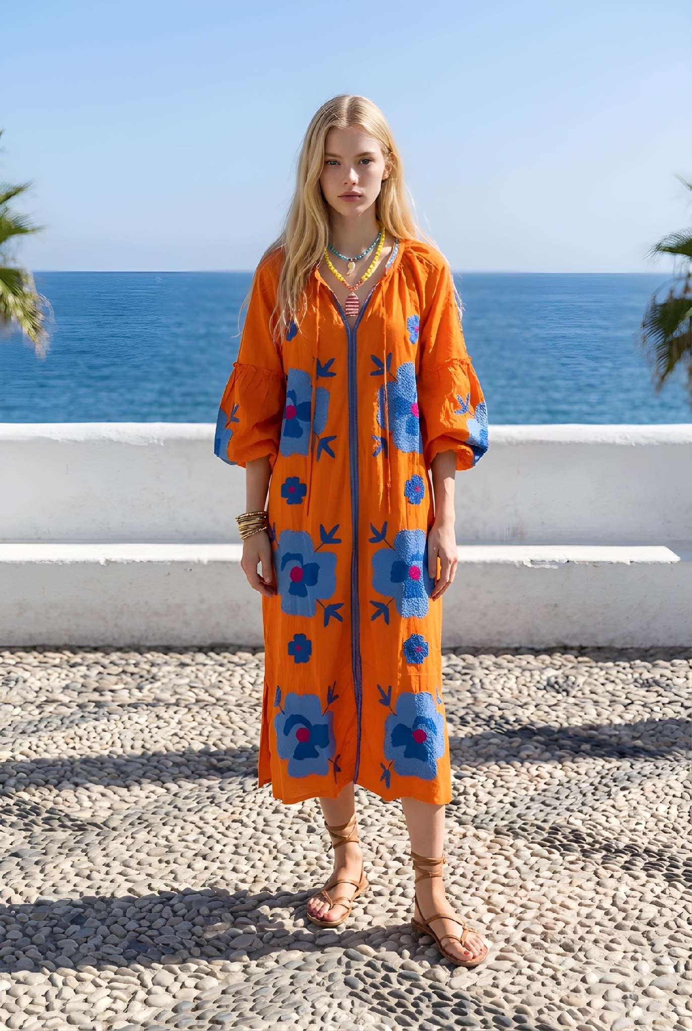 Vestido Largo Flor  Naranja