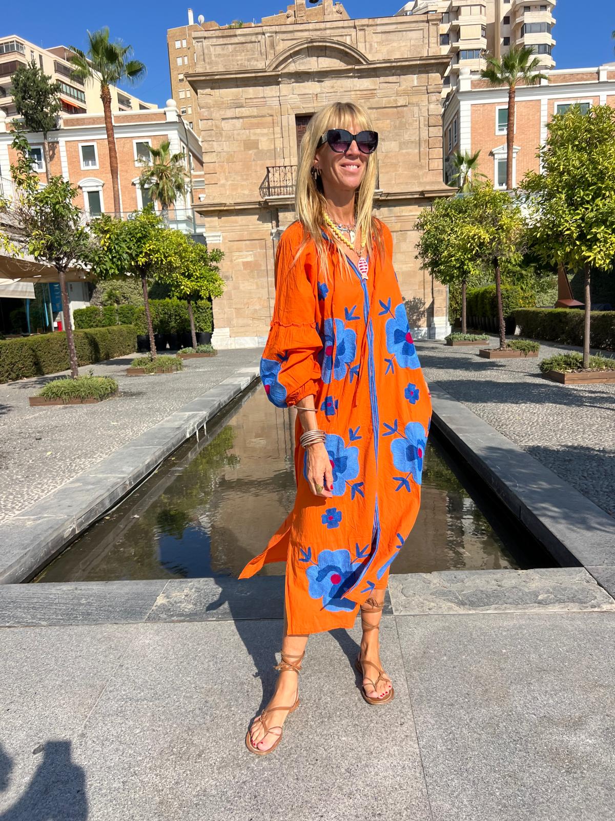 Vestido Largo Flor  Naranja
