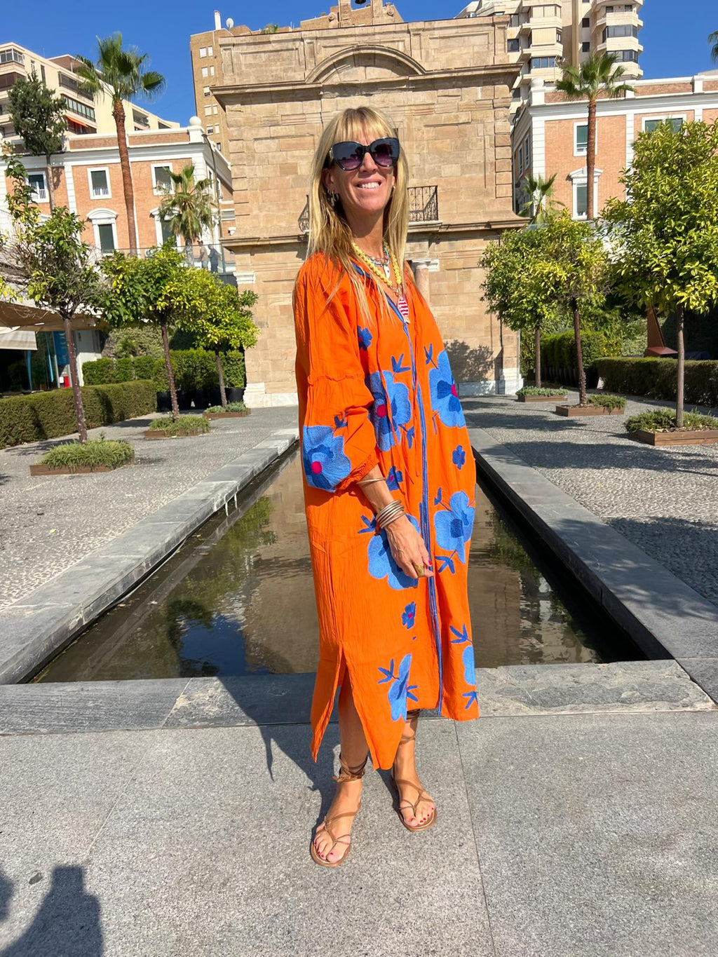 Vestido Largo Flor  Naranja