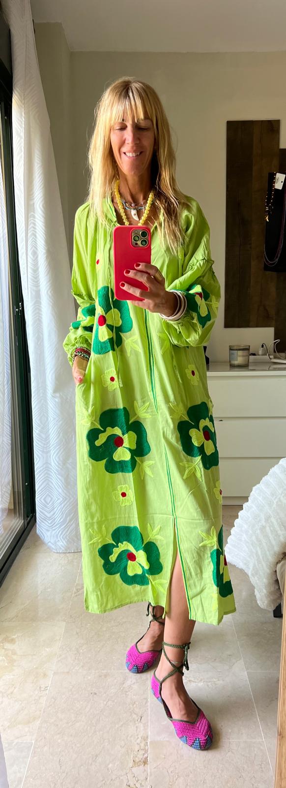 Vestido Largo Flor Verde Agua