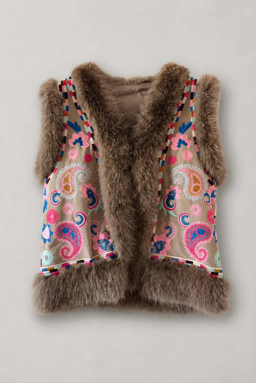 Chaleco Bordado Beige Piel Camel Oscuro