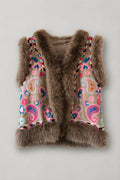Chaleco Bordado Beige Piel Camel Oscuro