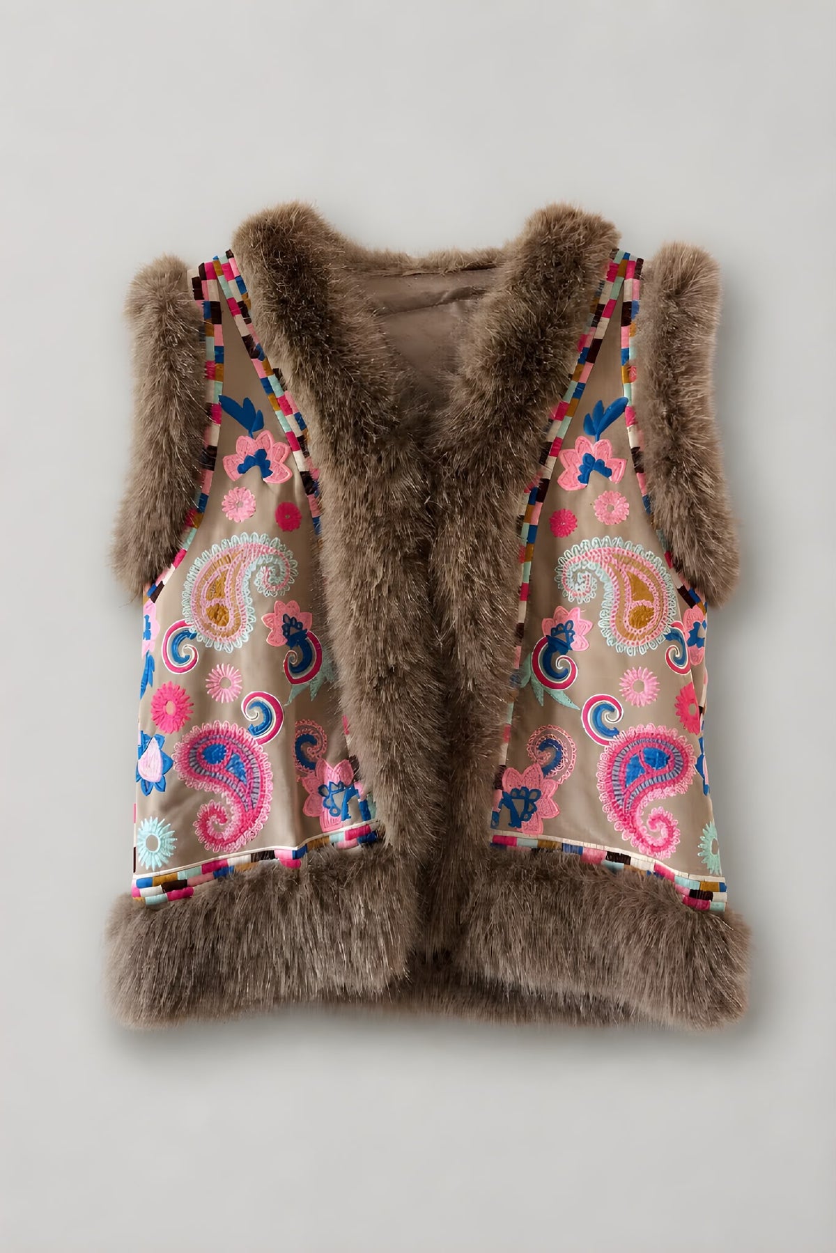 Chaleco Bordado Beige Piel Camel Oscuro