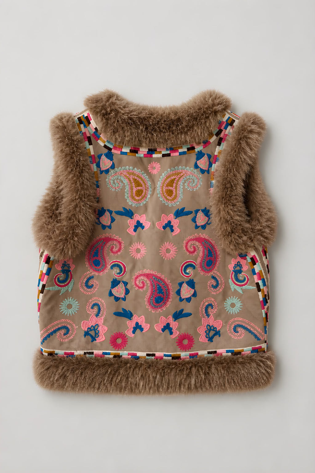Chaleco Bordado Beige Piel Camel Oscuro