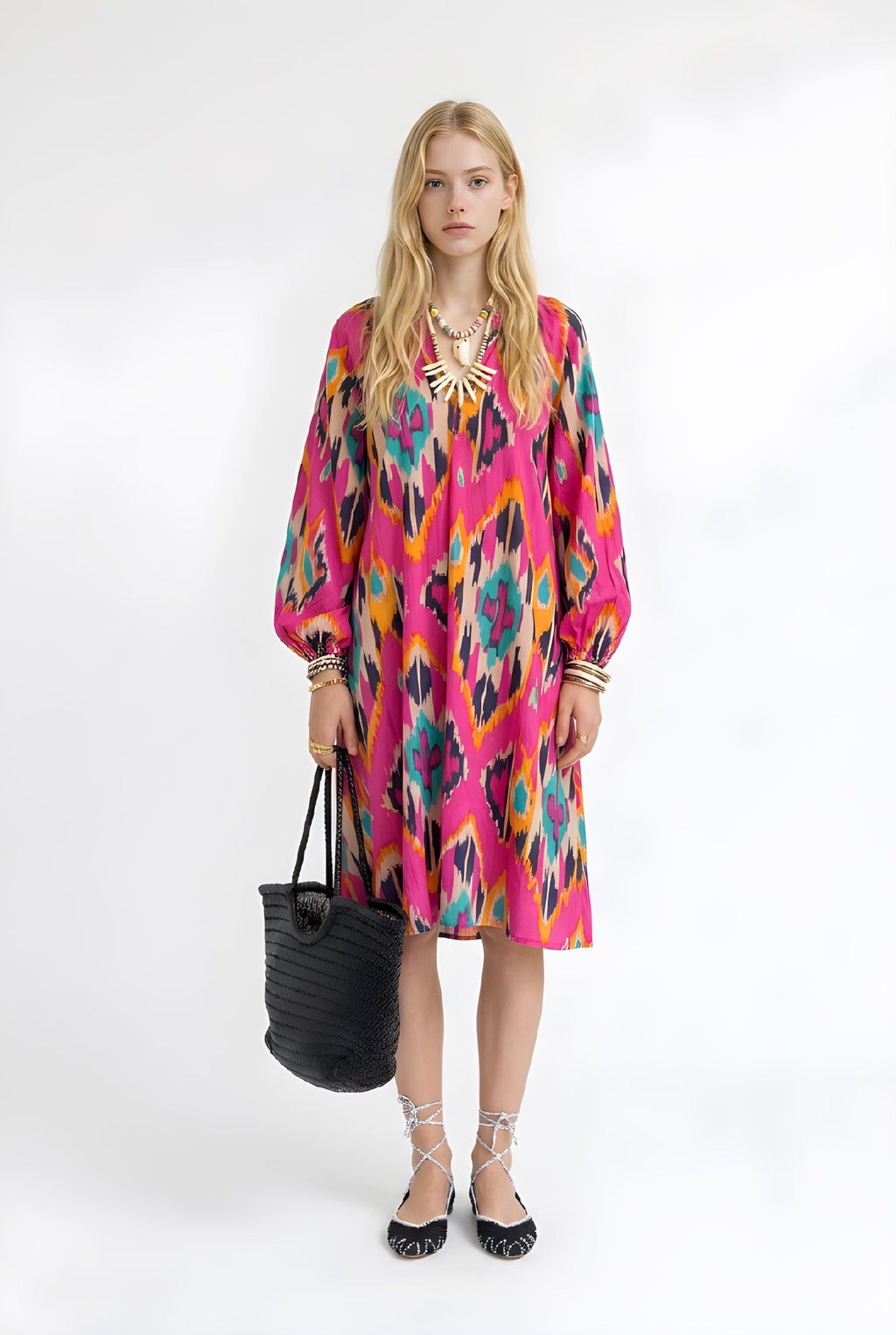 Vestido Bizancio Fucsia Multicolor Geométrico