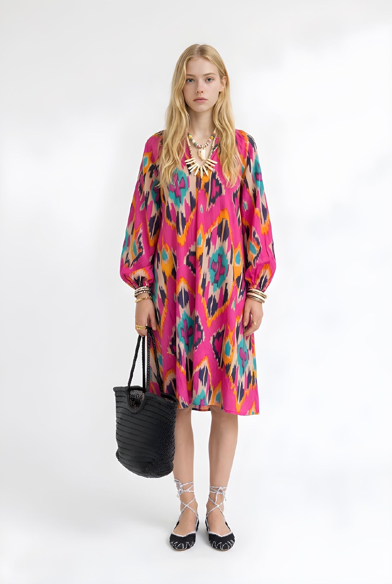 Vestido Bizancio Fucsia Multicolor Geométrico